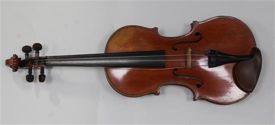 A fine French violin by Jacques-Pierre Thibout, Paris 1838, length of back 14in., crocodile skin case